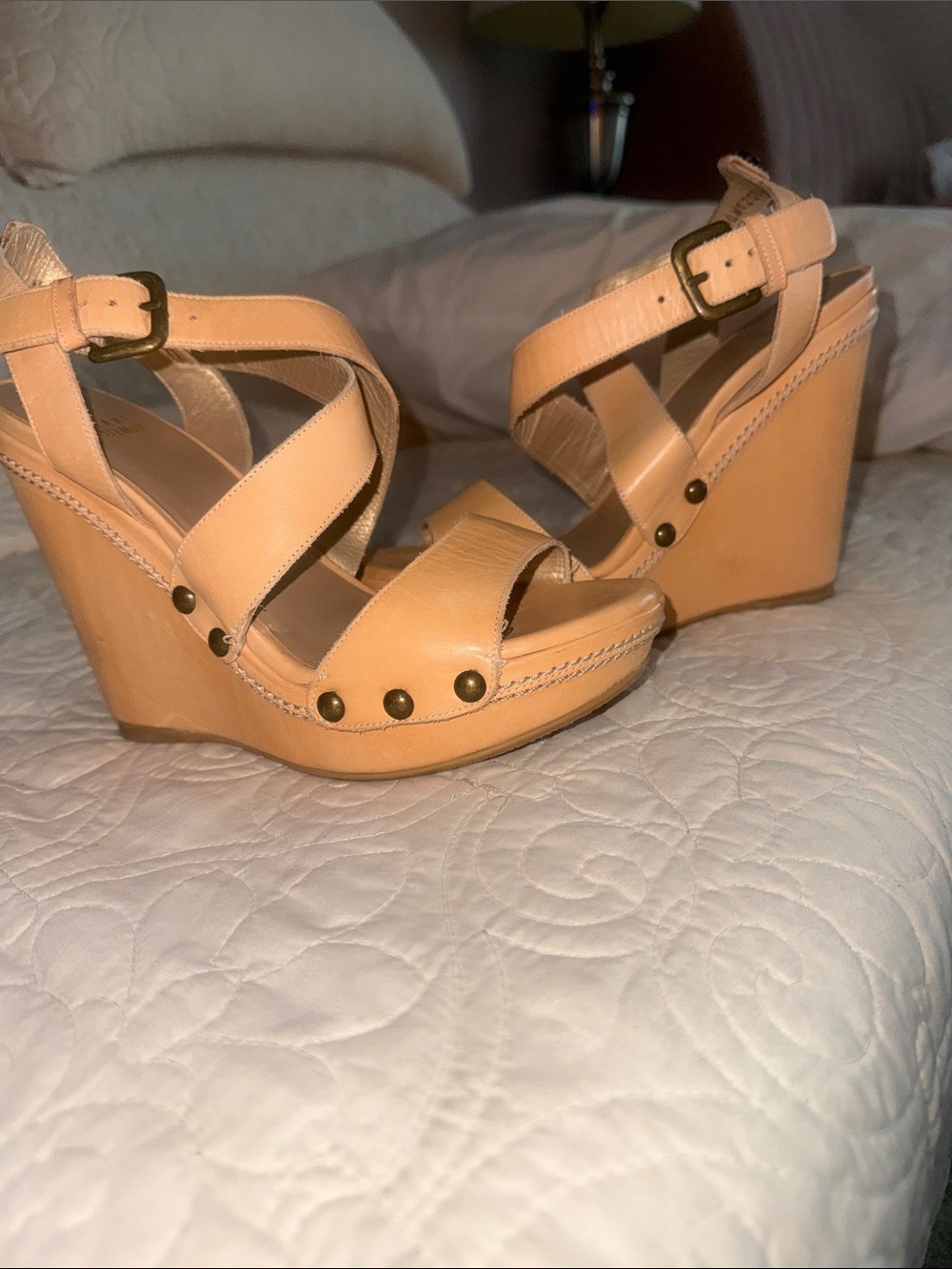 Stuart Weiztman Women’s Tan Leather Wedge Sandals
